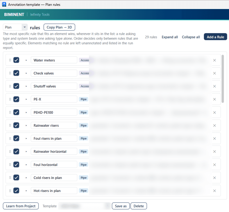 Revit annotation settings: office rules mapping pipes, risers and fittings to tag types