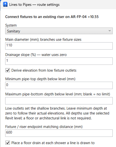 Lines to Pipes settings for automatic Revit pipe routing: system, diameter and slope