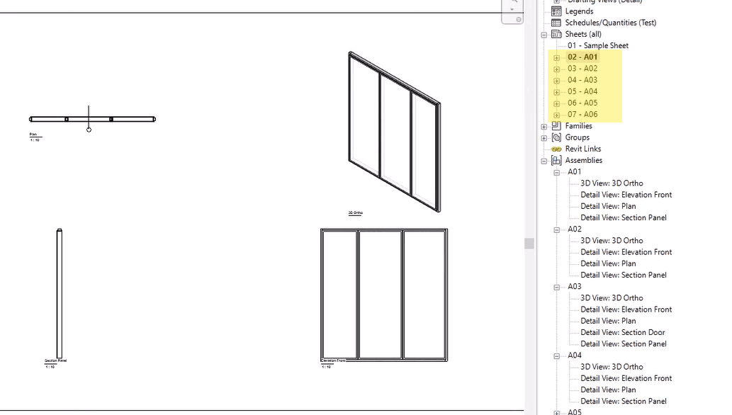 Revit assembly with automatically generated plan, section and 3D views