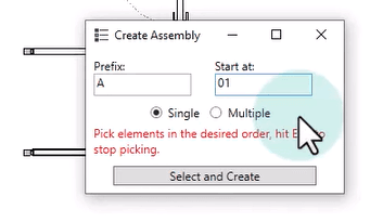Create Assembly dialog with naming prefix and start number for Revit assemblies
