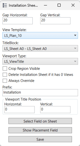 Installation Sheet settings: view template, titleblock and spacing