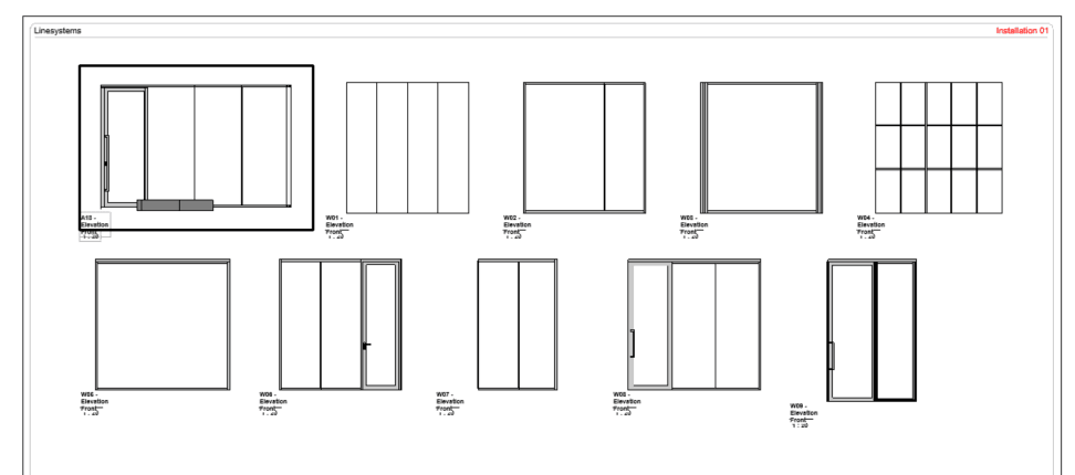 Installation sheet with partition wall assemblies laid out automatically in Revit