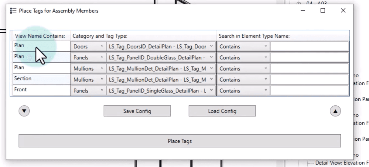 Place Tags window for assembly members: tag type per category and view