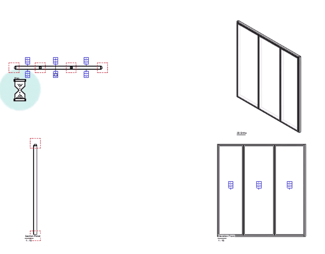 Revit assembly view with panels and mullions tagged automatically