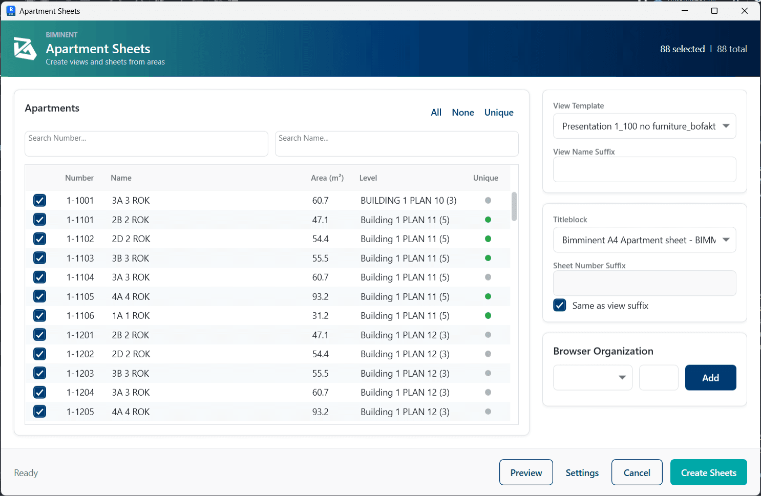 Figure 4. The Create Sheets window