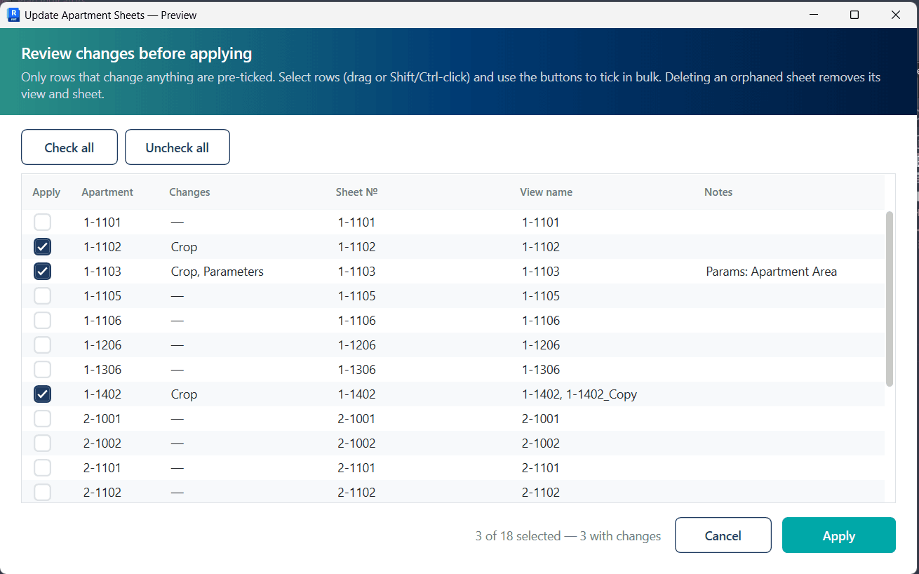 Figure 13. Update Sheets preview