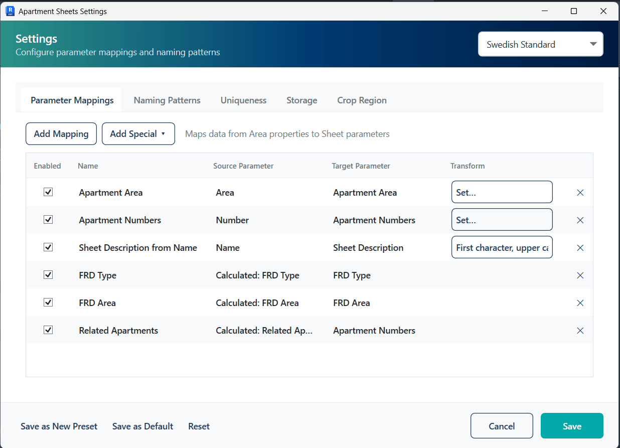 Figure 16. Settings, Parameter Mappings tab