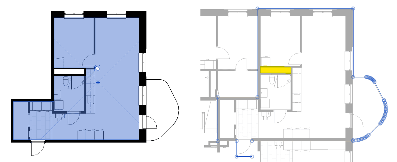 Figure 23. You can see the crop created by the area marked on the left – the shaft (in yellow) is included in the crop despite being outside the area. Adjacent walls and balconies are neatly included, following the rules defined in the settings