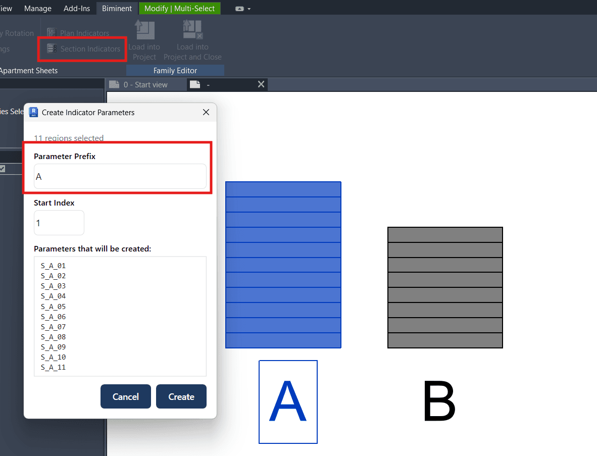 Figure 25. Section indicators in the Family Editor