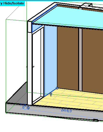 3D view showing finish walls joined to structural walls with door opening