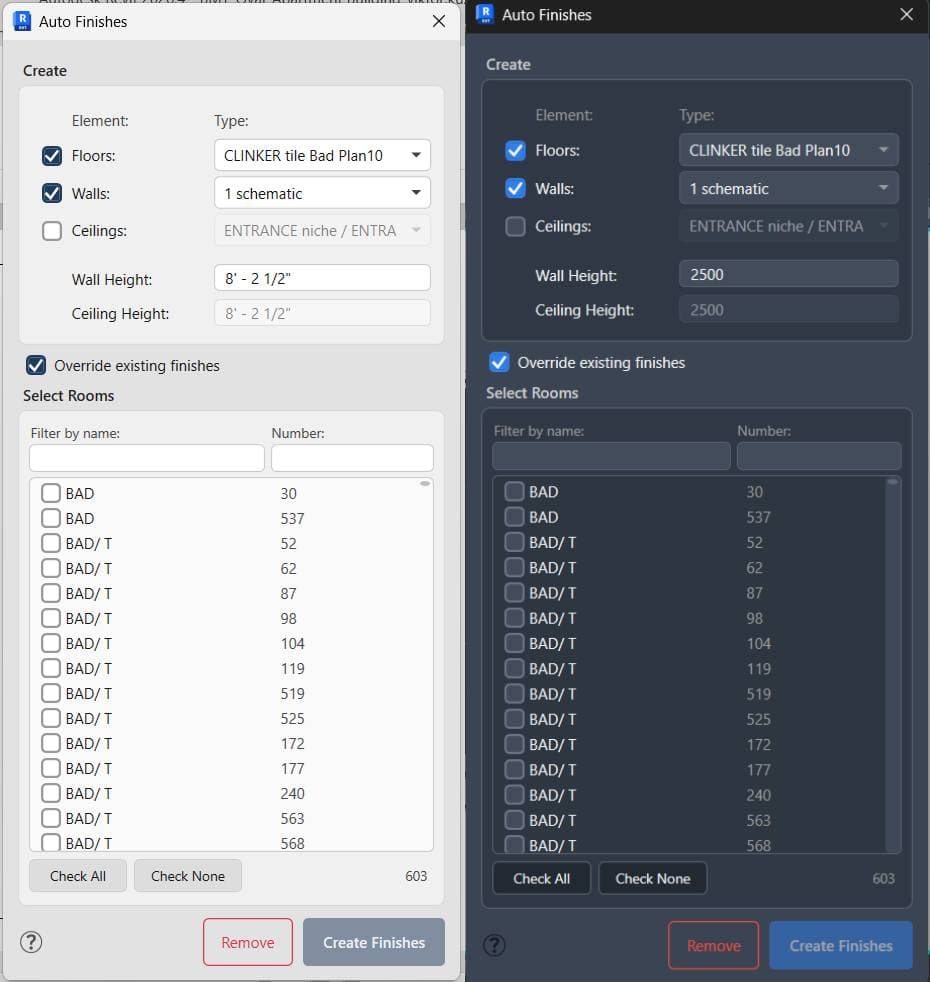 The full Auto Finishes dialog in light and dark themes
