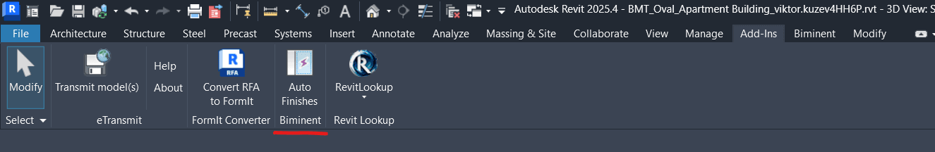 Auto Finishes button in the Biminent panel on the Revit ribbon
