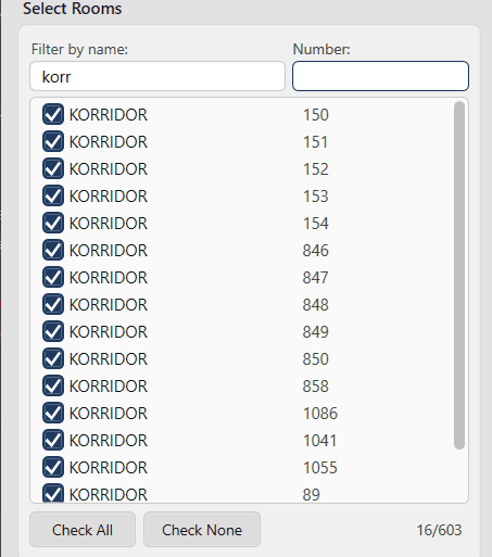 Select Rooms section with name filter applied