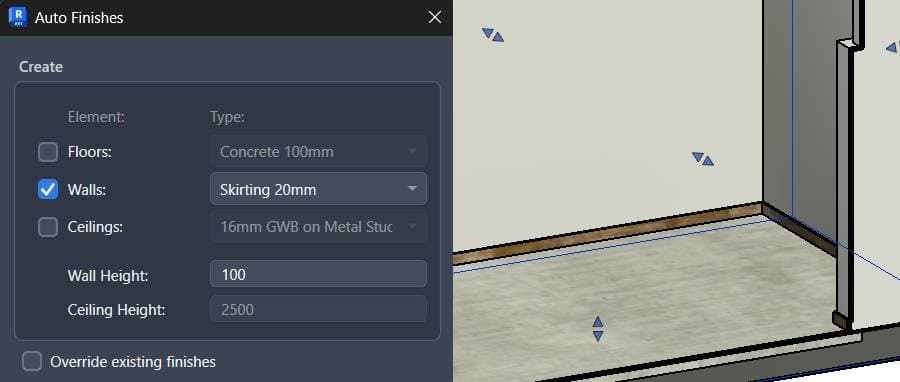Skirting boards created using a thin wall type at 100mm height